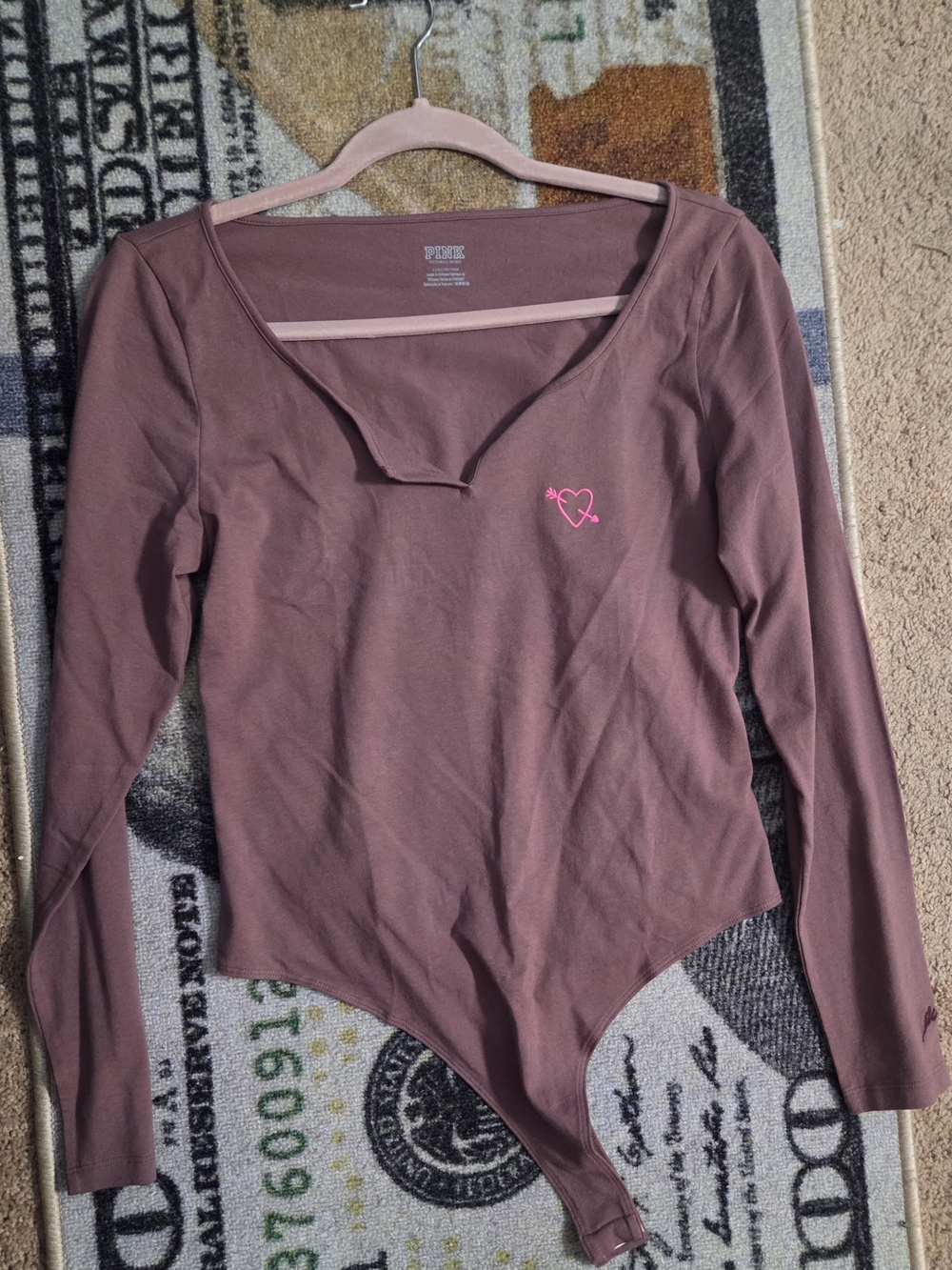 PINK Victoria's Secret Mauve Long-Sleeve Scoop Neck Bodysuit with Pink Heart